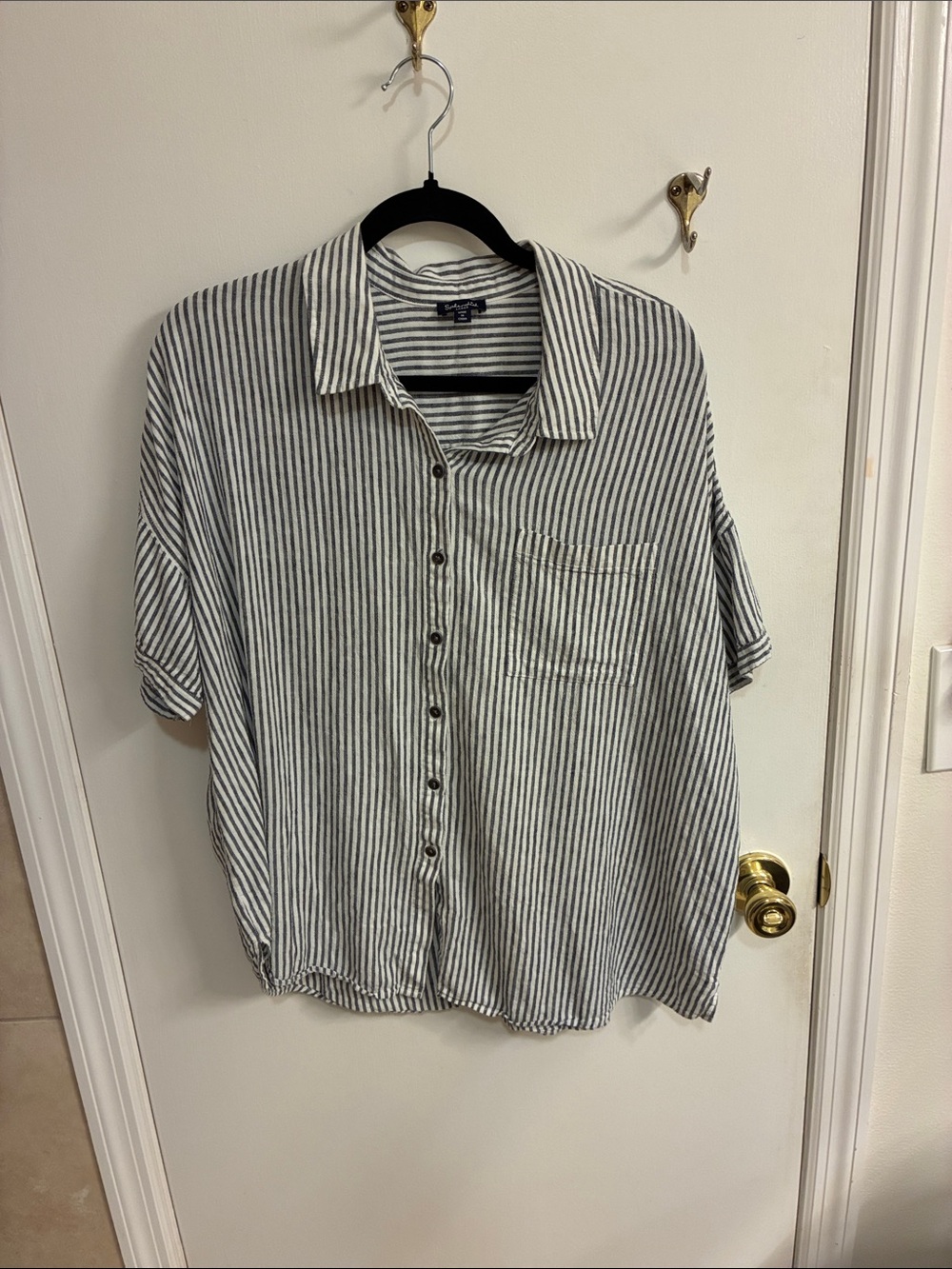 Splendid Blue & White Striped Short Sleeve Button-Down Linen Blend Yp-Sz L